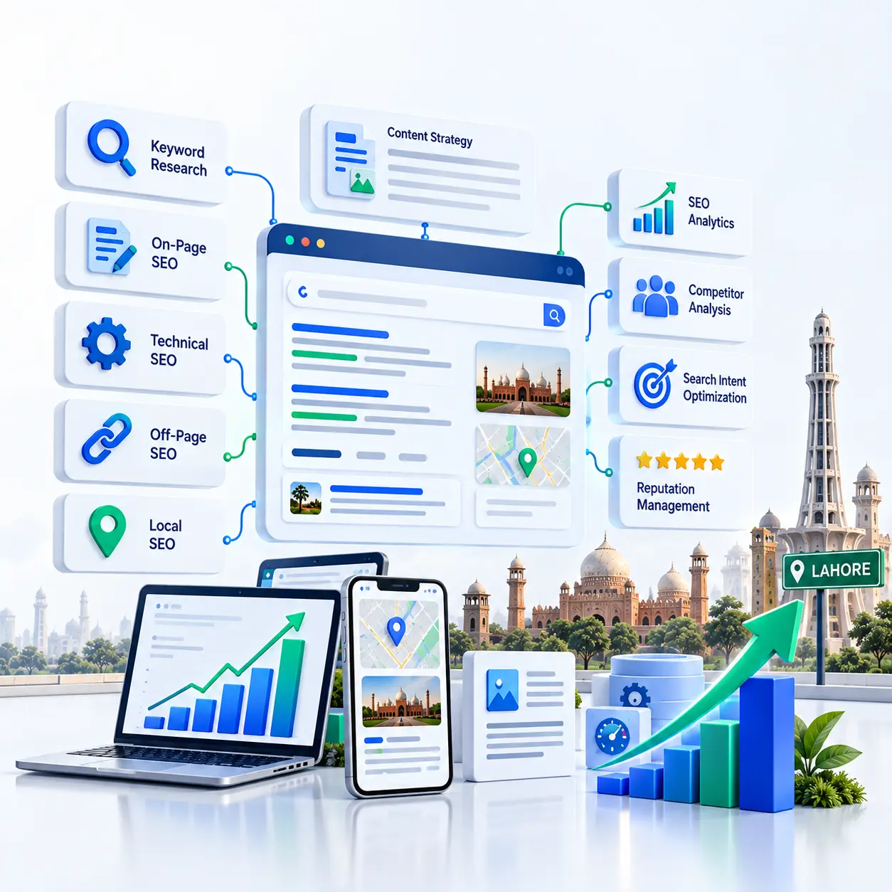 SEO services in Lahore visual showing organic search growth, technical SEO, local SEO, and search analytics